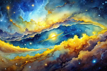 Majestic watercolor nebula with vibrant yellow and blue hues, showcasing cosmic clouds and stars. stunning representation of universes beauty and mystery