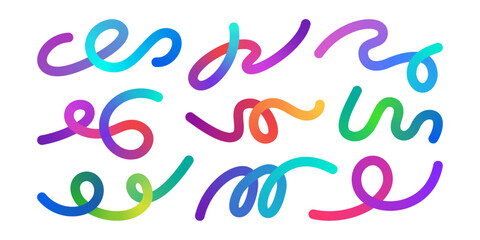 Gradient wavy lines. Abstract rainbow gradient waves, colorful fluid spirals and knots, liquid color twisted geometric shapes. Isolated loops with vivid iridescent vector set