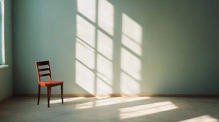 A single wooden chair sits in an empty room illuminated by soft sunlight streaming through large windows