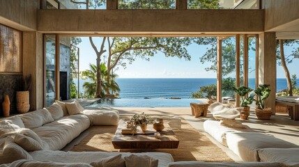 Obraz premium Sunlit living room featuring large windows that frame a beautiful ocean view, complemented by natural textures and floating furniture.