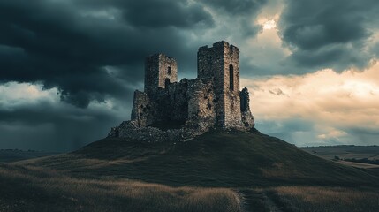 Fototapeta premium Ancient stone castle on a hillside under dramatic storm clouds in a remote landscape at dusk