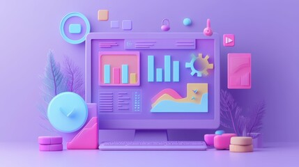 Advanced online advertising strategies with modern visual elements and impactful data, on a light purple background