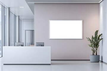 Elegant white frame mockup displayed against a modern business office reception background providing a professional and minimalist setting for advertising branding or product promotion  The clean