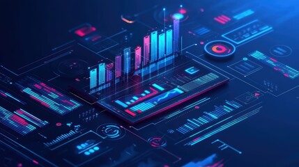 Advanced SEO and SEM techniques with detailed analytics and modern graphics, on a sleek blue background