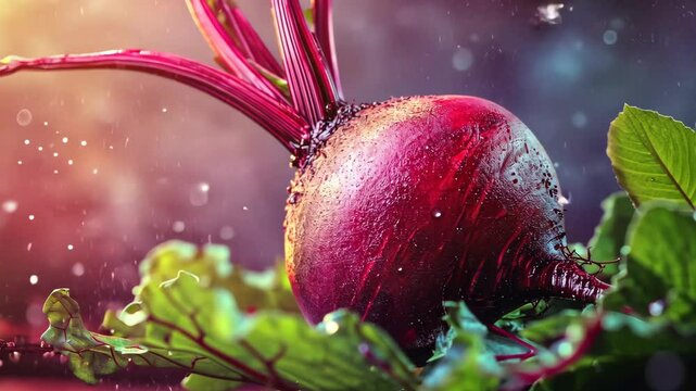 A fresh beet sits amongst its green leaves with water droplets sparkling on its skin