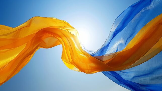 Bright blue and yellow banner fluttering against a clear blue sky, vibrant and eye catching design