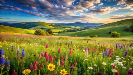 Vibrant spring meadow with wildflowers, tall grass, and rolling hills , Nature, Spring, Meadow, Wildflowers, Bloom