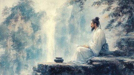 Obraz premium A peaceful Asian landscape artist, immersed in his work, with a calm, pale blue background
