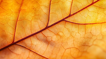 Obraz premium Macro view of an autumn leaf with visible veins and a soft orange hue.
