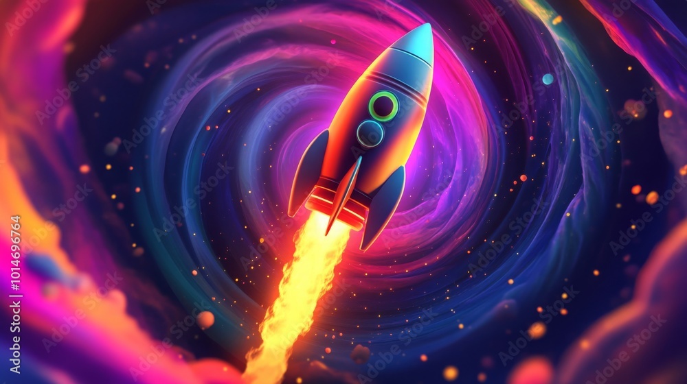 Poster a rocket travels upward into a bright, swirling cosmic vortex filled with colorful energy and stars.