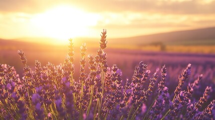 Naklejka premium Lavender fields in bloom at sunset, showcasing vibrant purple flowers across rolling hills in a peaceful countryside setting