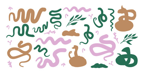 Set of snakes silhouette. Reptiles clip art. Vector hand drawn flat collection illustration isolated on white background.