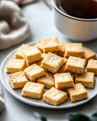 A plate of golden, square shortbread cookies beside a cup of tea.