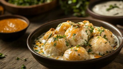 A bowl of creamy white sauce with potato balls and cilantro garnish, served with two dips.