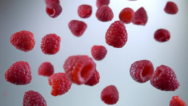 Juicy ripe raspberries are flying up and falling down on the white background in slow motion. High quality 4k footage