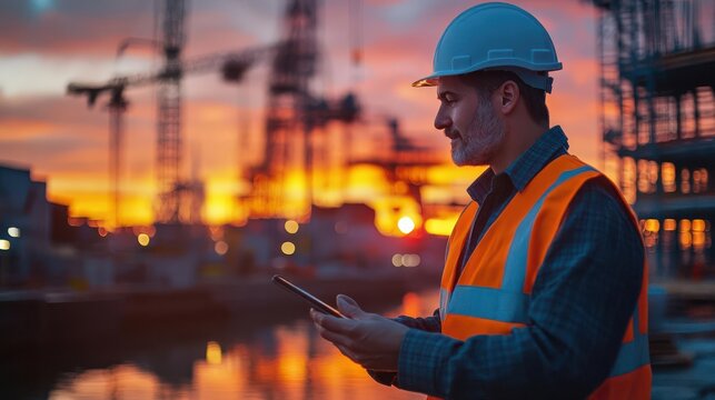 A construction engineer in a safety vest and hard hat checks a digital tablet at his work site as the sun sets