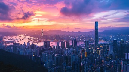 Fototapeta premium Stunning sunset over a bustling city skyline reflecting on the water's surface