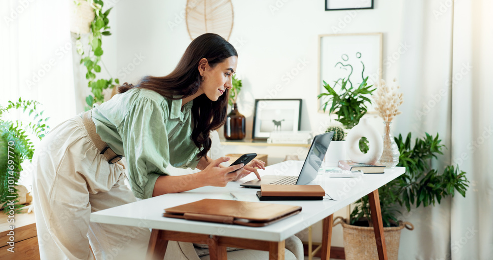 Poster Phone, laptop and woman in home office checking email, notification or networking for online project. Remote work, research and freelancer at desk with smartphone, computer and planning web schedule