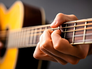 A close-up shot of a musician's hand strumming a guitar, with strings vibrating in action.


