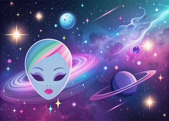 Naklejka premium whimsical alien character floats in vibrant cosmic scene filled with colorful planets, stars, and swirling nebulae, evoking sense of wonder and exploration