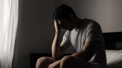 Silhouette of a depressed man sitting on a bed in a bedroom, holding his head in his hands and crying. The male is suffering from depression while looking out the window in a dark room.