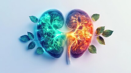 Kidney health concept with fresh green leaves, glowing kidney illustration, vibrant colors, healthy lifestyle representation, high-resolution, medical design, white background, mod