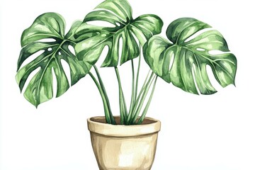 Obraz premium Potted Monstera Deliciosa showcasing vibrant foliage in natural light