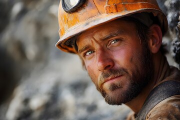 Fototapeta premium Portrait of a hardworking miner extracting valuable resources to fuel industries wearing a protective uniform and helmet working in a bright clean