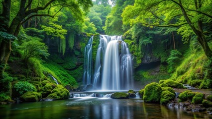 Fototapeta premium Waterfall flowing through lush green forest , nature, scenery, tranquil, serene, cascade, stream, trees, foliage, moss