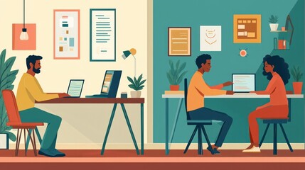 Fototapeta premium Asian and African American couples working from home offices, balancing shared workspaces with personal productivity
