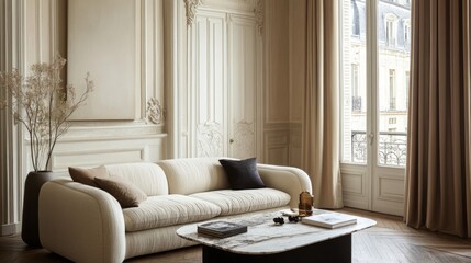 Elegant living room featuring a cream-colored sofa, marble coffee table, molding wall decor, and a tall window with curtains
