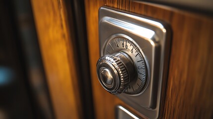 A close up of a combination lock on a safe door.