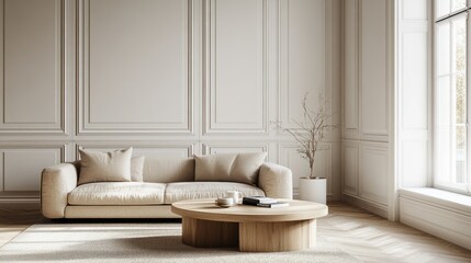 Scandinavian-style living room with minimalistic furniture, beige sofa, round coffee table, and molding wall panels