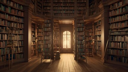beautiful library room with bookshelves, with a warm atmosphere. generative ai
