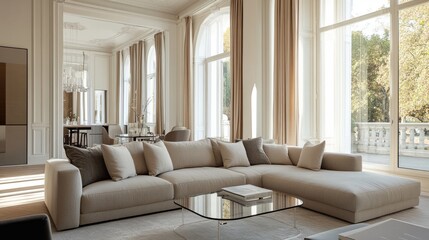 Fototapeta premium Stylish living room featuring a beige sectional sofa, glass-top coffee table, sophisticated molding walls, and tall windows