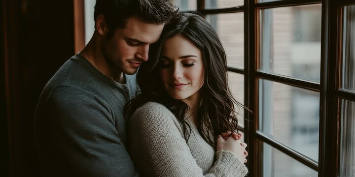A couple embraces by the window in a cozy indoor setting