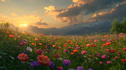 A landscape with a flower field where cosmos blooms