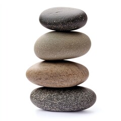 Smooth stones stacked in a balanced formation on a white isolate background.