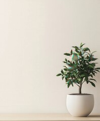 Fototapeta premium A small potted plant against a minimalistic beige wall indoors