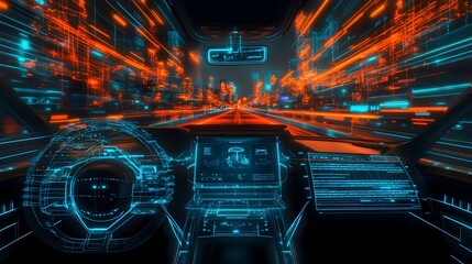 Closeup view of a futuristic dashboard interface displaying a digital twin visualization with overlaying simulation data layers  The dashboard features a high tech