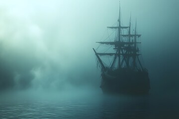 Fototapeta premium Ghostly abandoned sailing ship floating in a thick eerie fog on a dark moonlit sea The ominous silhouetted vessel sets a spooky supernatural atmosphere on a Halloween night
