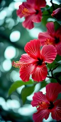 Obraz premium Bright red hibiscus flowers showcase intricate petals in flourishing garden. The lush greenery creates a vibrant backdrop for their beauty. AI