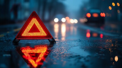 A red emergency triangle on the wet ground, reflecting light in the rain at night.