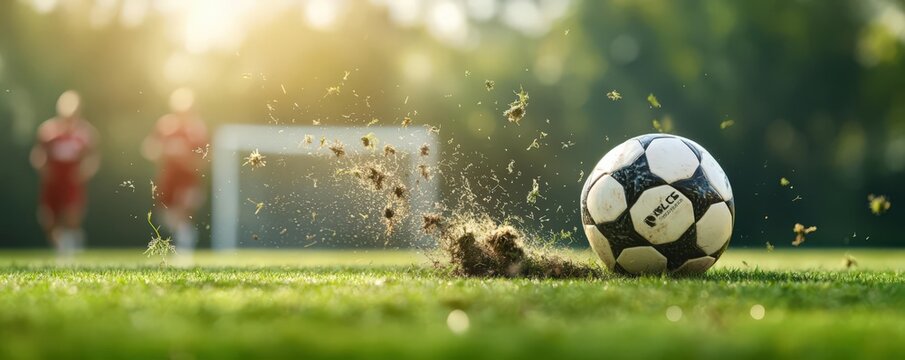 A close-up of a soccer player in mid-kick, with the ball just leaving their foot