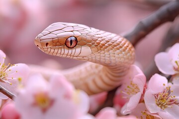 Obraz premium Playful Wooden Snake Weaving Through Plum Blossom Field Symbolizing Growth and Prosperity