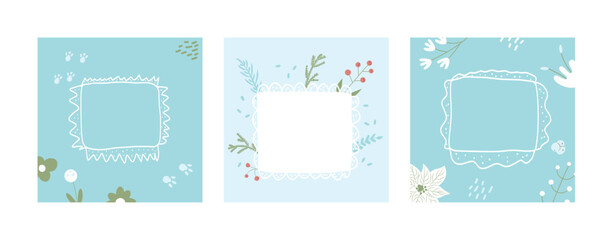 Winter holidays templates with copy space set. Banners with rectangle frames decorated with botanical elements and berries on a light blue background. Vector hand drawn collection illustration.