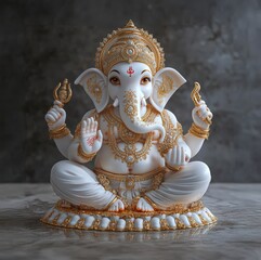 3d render realistic hindu white and orange color lord ganesha 8k on elegent gold luxury background and high quality image click by Sony A7R V