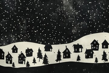 Fototapeta premium Silhouette of a snowy village with houses and trees on a dark backdrop.