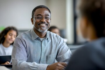 Obraz premium Confident African American Professor Sharing His Knowledge and Expertise Shaping Young Minds in a Bright Clean Classroom Setting