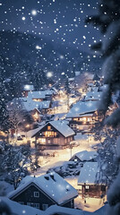 Charming village scene with warm glowing rooftops and a starry night sky. Serene winter landscape concept